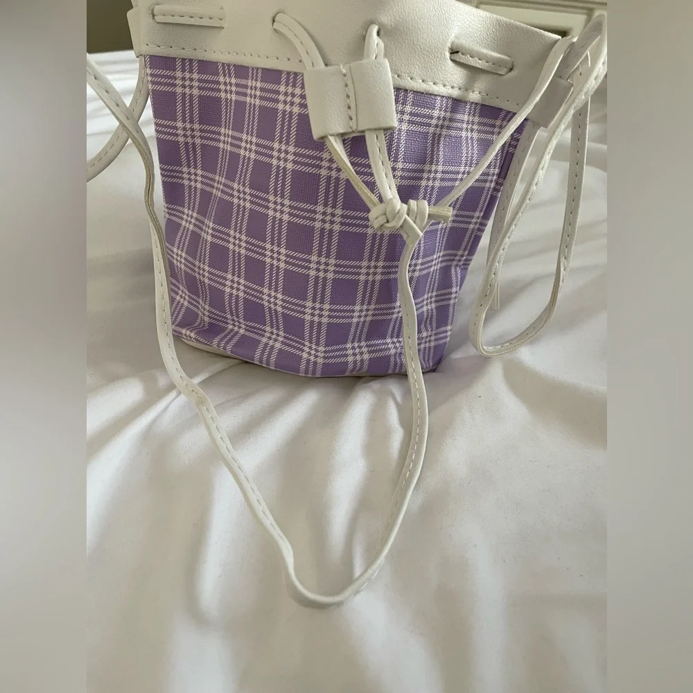 Purple and White Mini Bag with Drawstring Closure